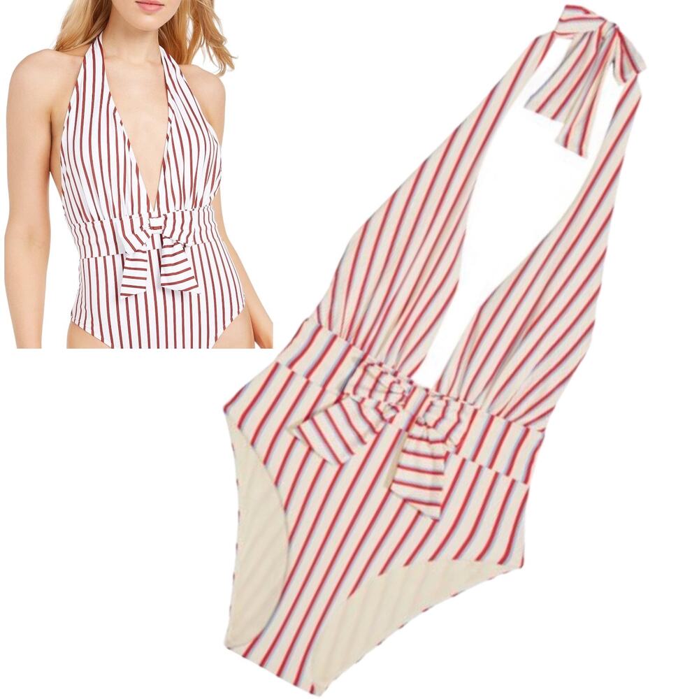 NEW We Wore What Brooklyn Stripe One-Piece SWIMSUIT XL Womens Deep Plunge Front